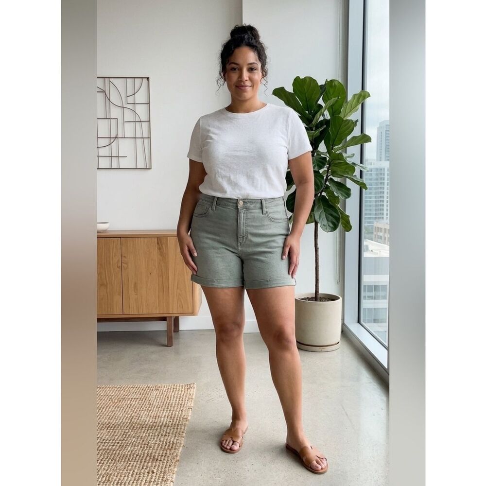 Universal Thread High Rise Midi Green Shorts Stretch Cuffed Hem Plus Size 18